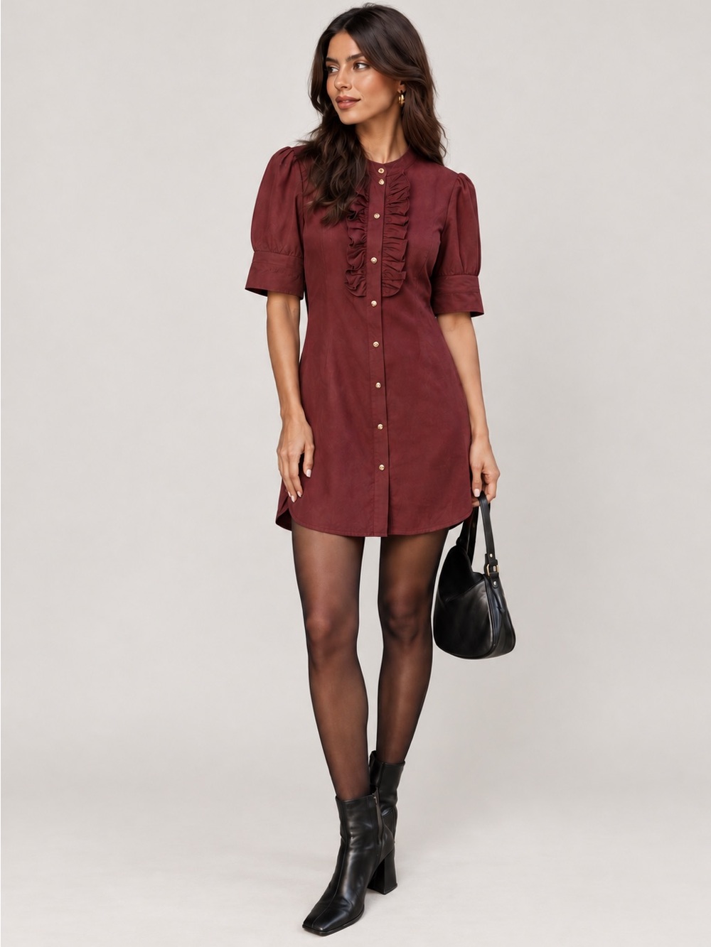 Burgundy Maroon Silk Ruffle Button Front Dress  Short Sleeve Size M
